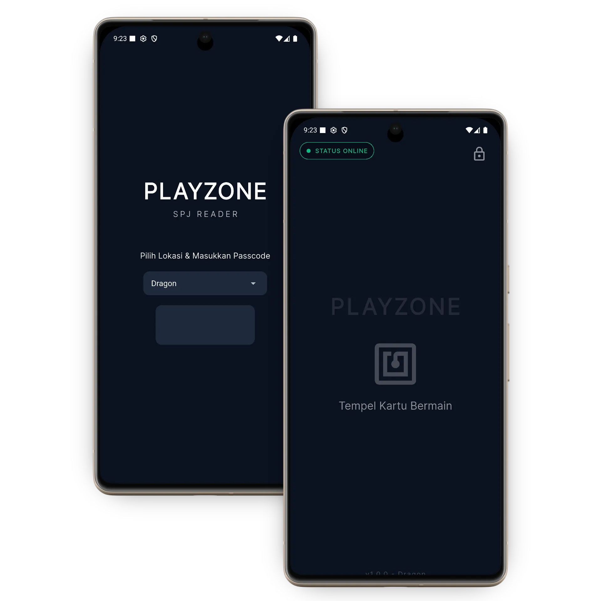Mockup aplikasi Playzone NFC Card Reader - Sistem Validasi & Saldo Kartu NFC